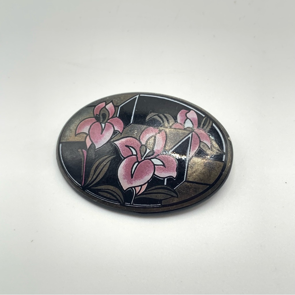 Austrian Vintage Michaela Frey Black, Pink And Gold Enamel Floral Brooch